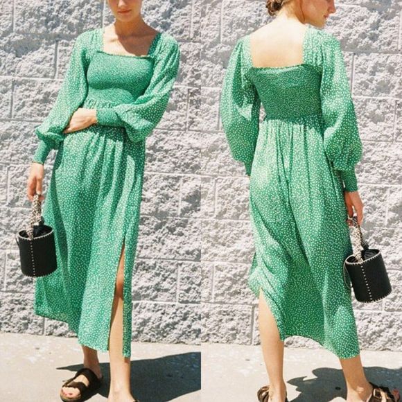 Rixo Marianne Green Micro Floral Smocked Prarie Silk Blend Midi Dress Size XXS - Picture 1 of 14